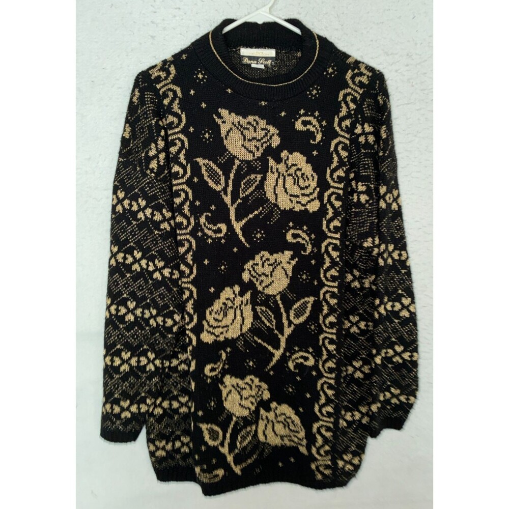 Vintage Adele Knit Sweater Dana Scott Womens 2X Black Gold Roses USA Made Bling